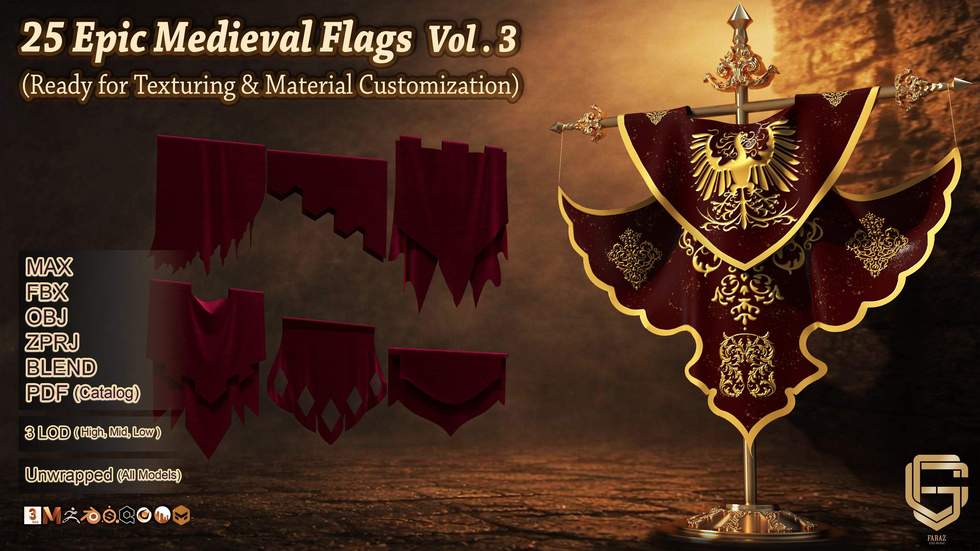 25 Epic Medieval Flags Vol . 3 (Ready for Texturing & Material ...