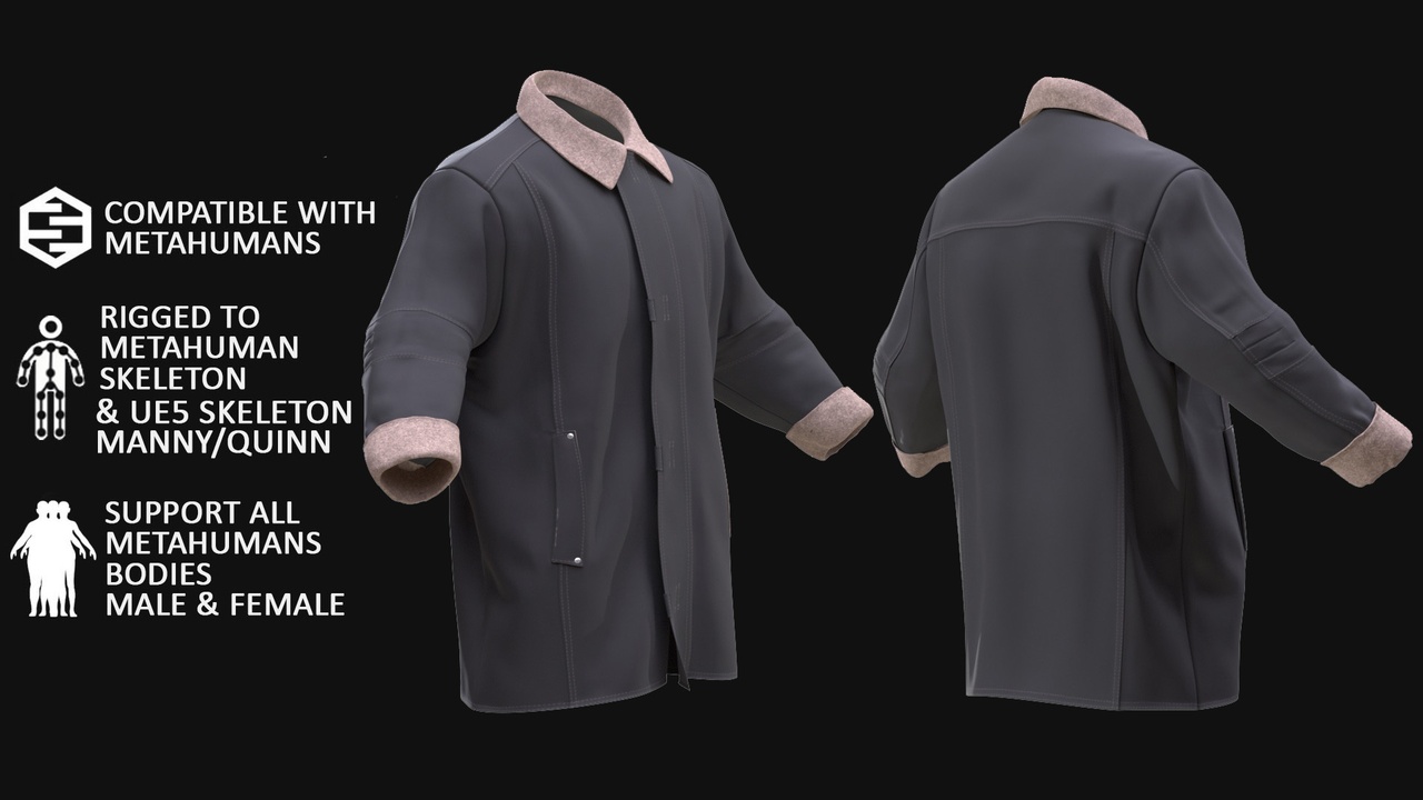 Media 1 for listing 3D Coat Model For Metahuman 147 - All MH Bodies & UE5 Skeletons - Rigged