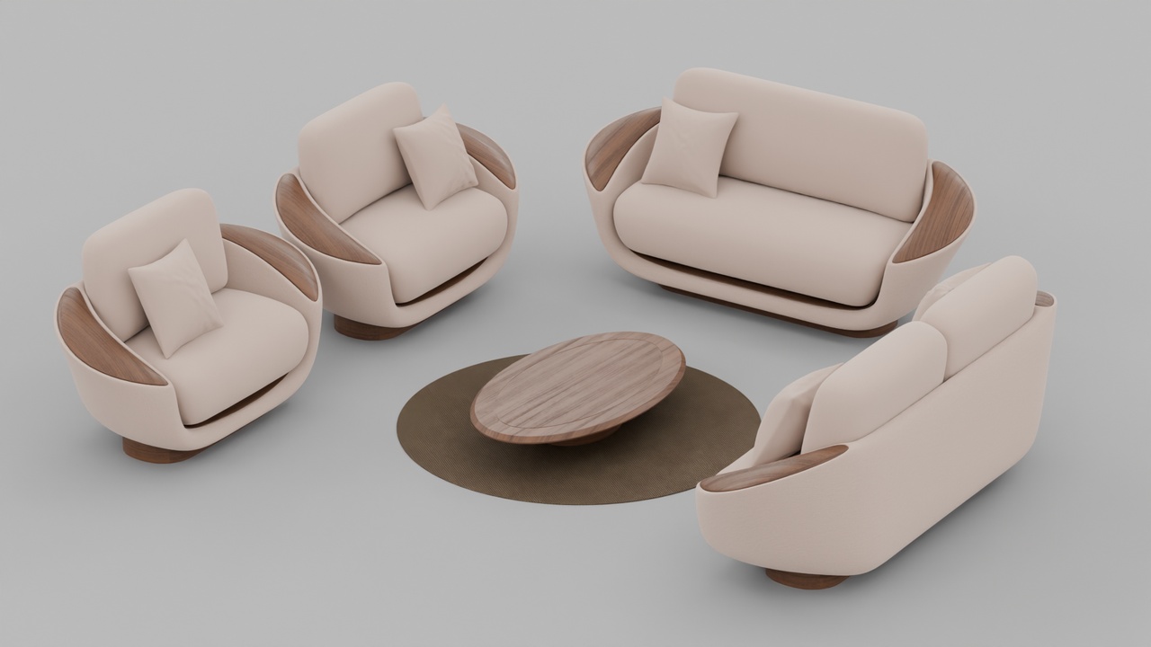 Media 1 for listing Organic Beige Sofa Set Furniture with Walnut Wood Shells and Oval Coffee Table