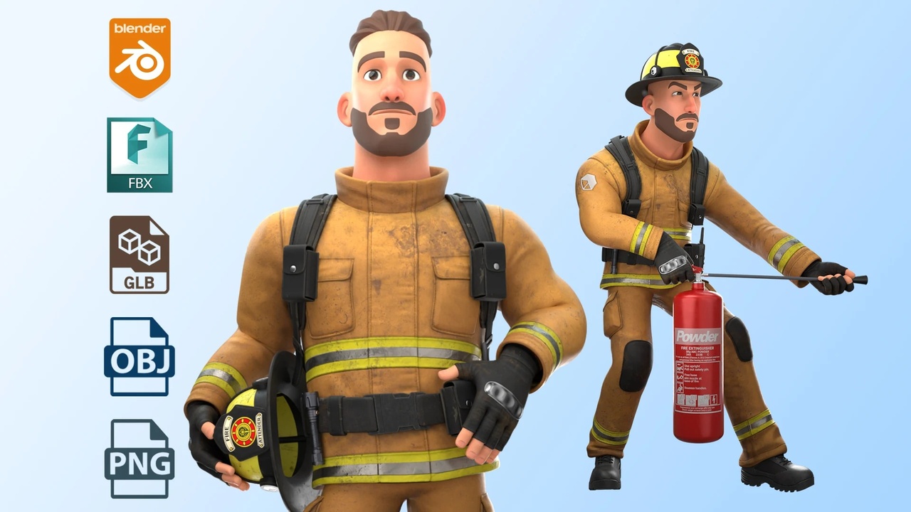 Media 1 for listing Fire Attender - Rigged Cartoon Firefighter
