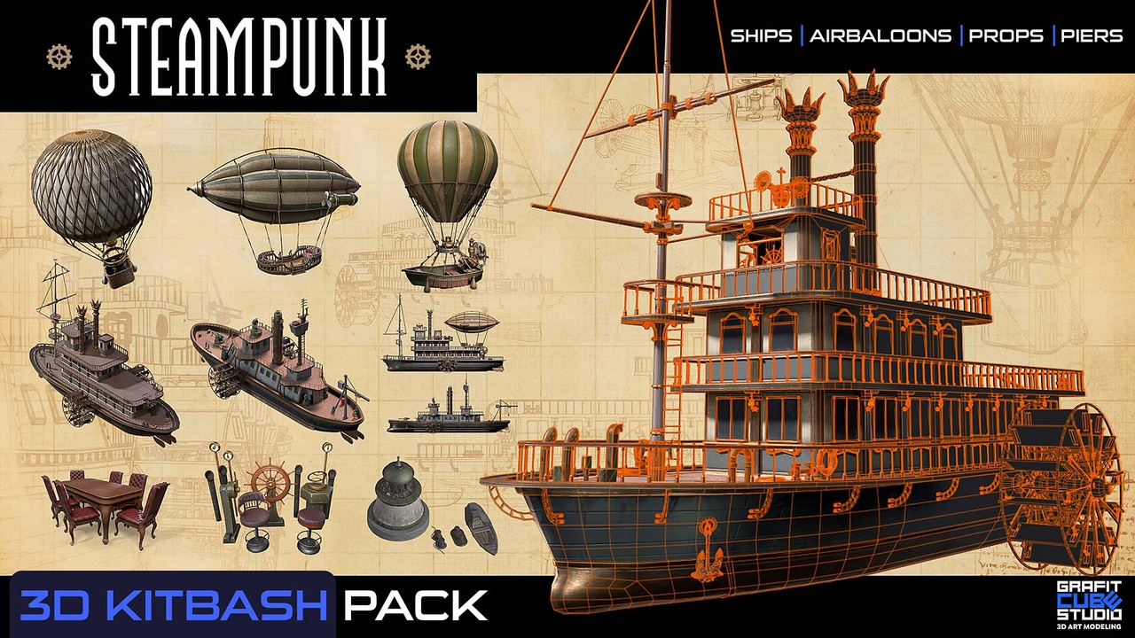 Media 1 for listing STEAMPUNK 3D KITBASH SET - TEXTURED GAME-READY MODELS