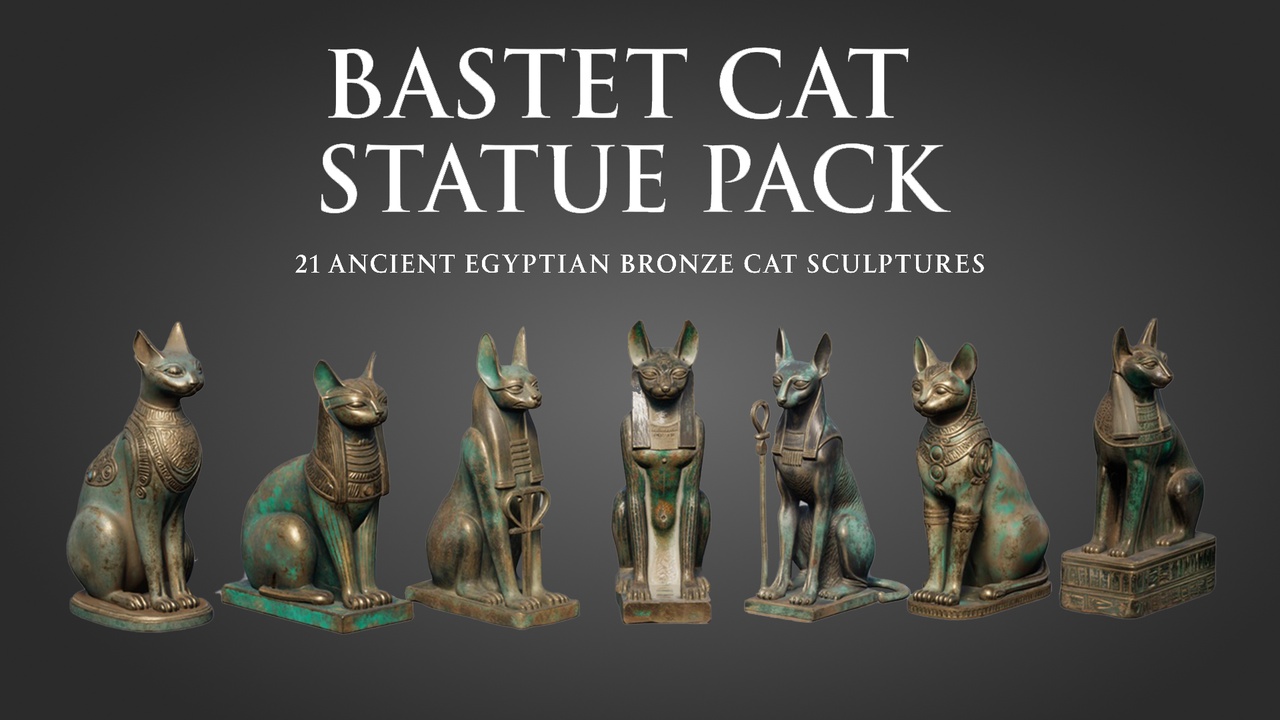 Media 1 for listing Bastet Cat Statue Pack – 21 Ancient Egyptian Bronze Cat Sculptures