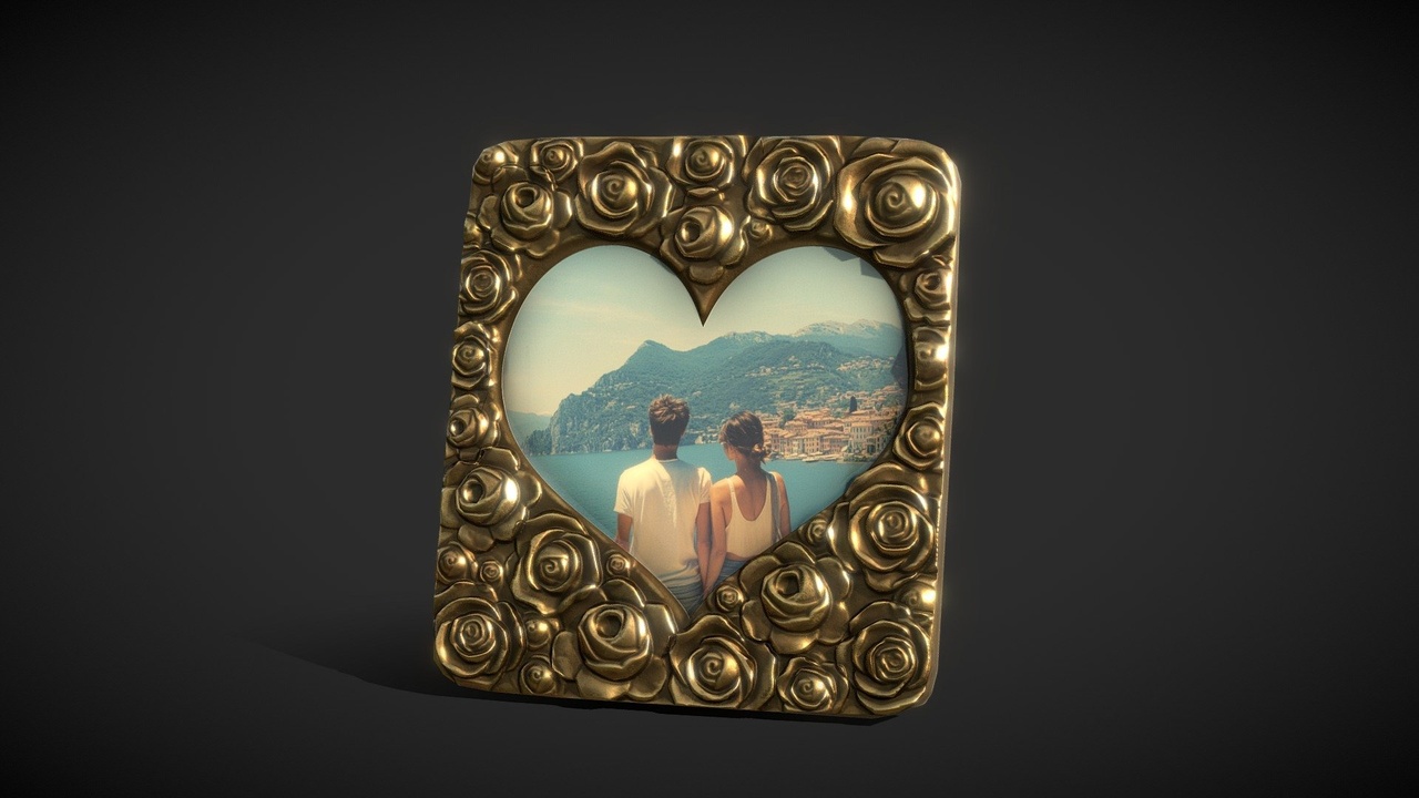 Media 1 for listing Low Poly Gold Heart-Shaped Frame with Roses for Decorative 3D Design and Games