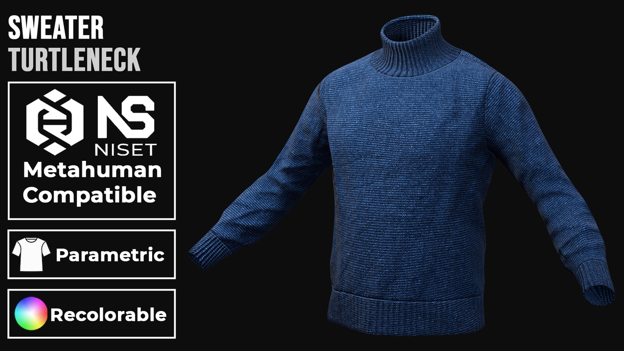Media 1 for listing Turtleneck Sweater - Recolorable Parametric Sweater for Metahuman U5 MHPKG