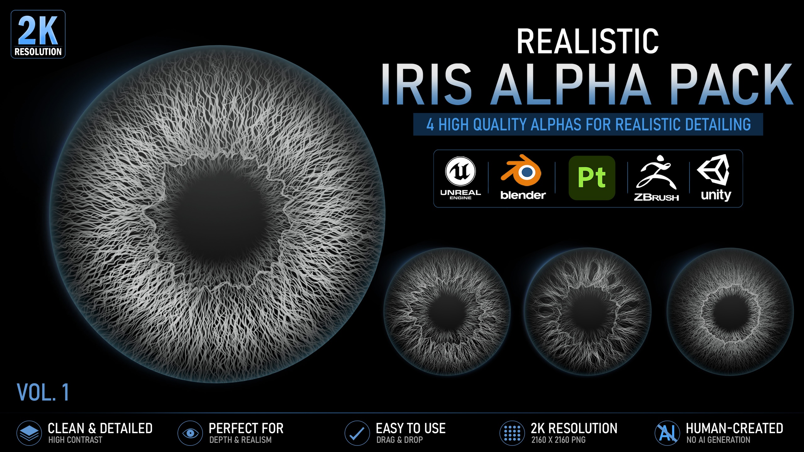 Media 1 for listing Iris Alpha Pack V1 | Realistic Eye Iris Alphas (2K PNG)
