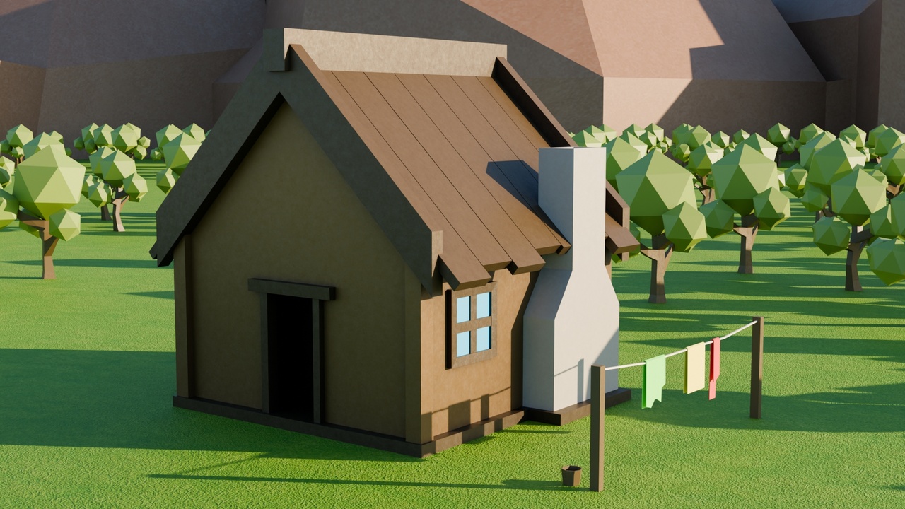 Media 1 for listing Low Poly Village House and Clothesline - Optimized Exterior Set