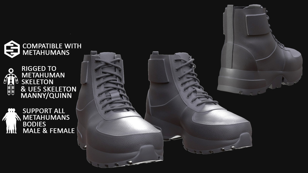 Media 1 for listing Boots for Metahuman 3D model 64 - MH & UE5 Skeletons - Rigged