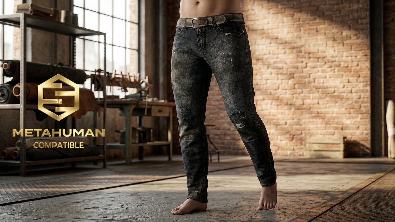 Media 1 for listing Dark Distressed Slim Jeans with Belted Waist and Worn Urban Street Profile