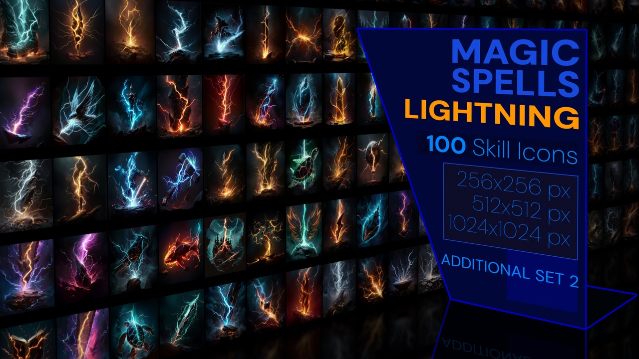 Media 1 for listing 100 additional magical spell icons themed around - Lightning. Pack 2
