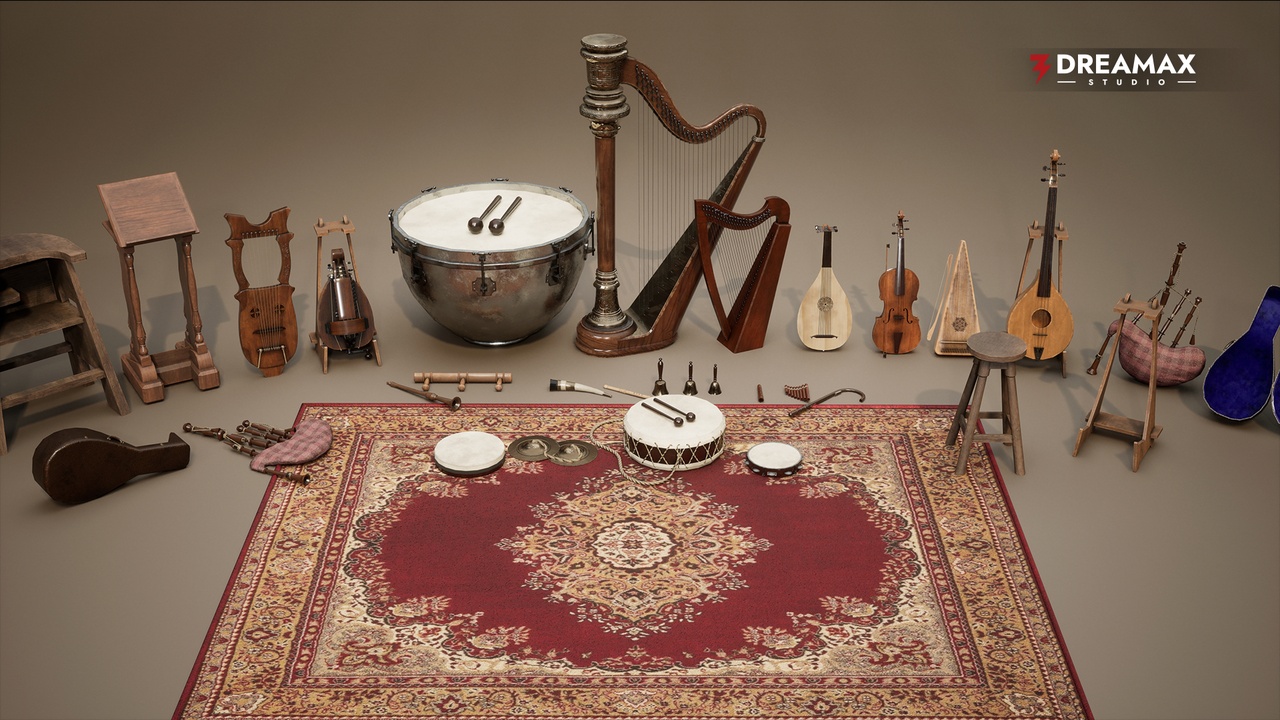 Media 1 for listing Medieval Musical Instruments - Lutes, Harps, Drums & Fantasy Bardic Props