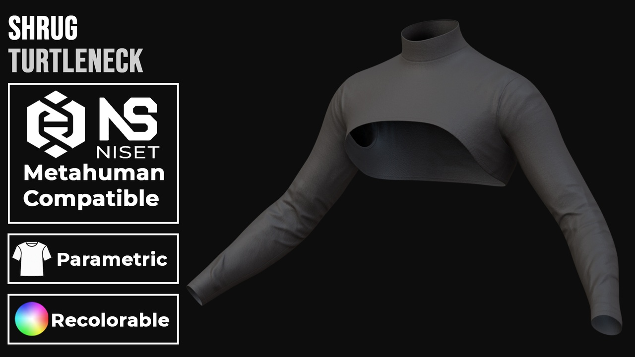 Media 1 for listing Shrug - Recolorable Parametric Turtleneck Crop Shrug for Metahuman MH UE5 MHPKG