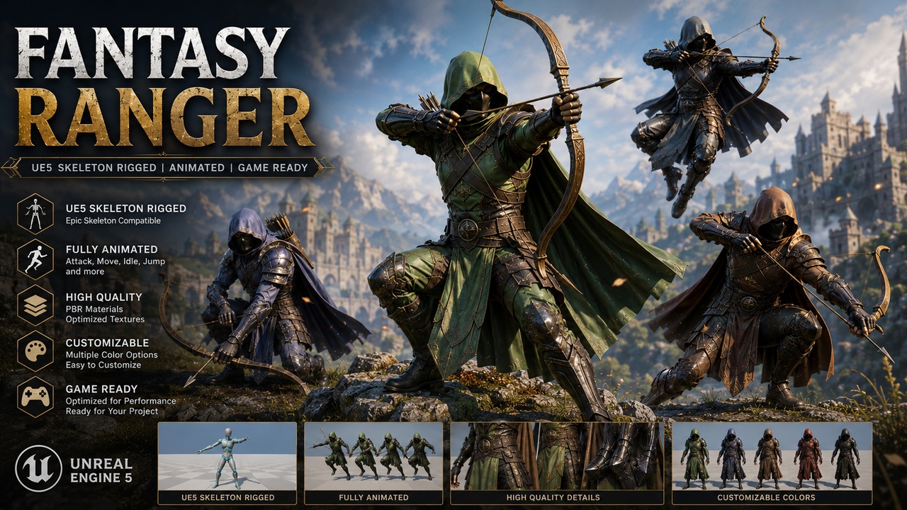 Media 1 for listing Stylized Fantasy Archer | UE5 Mannequin Rig | Customizable Colors