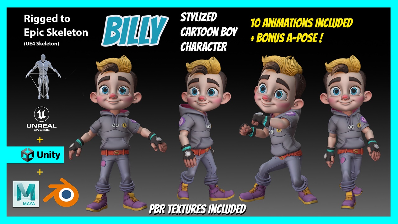 Media 1 for listing Billy / Stylized Cartoon Boy Character - Rigged for Unreal, Unity, Maya, Blender