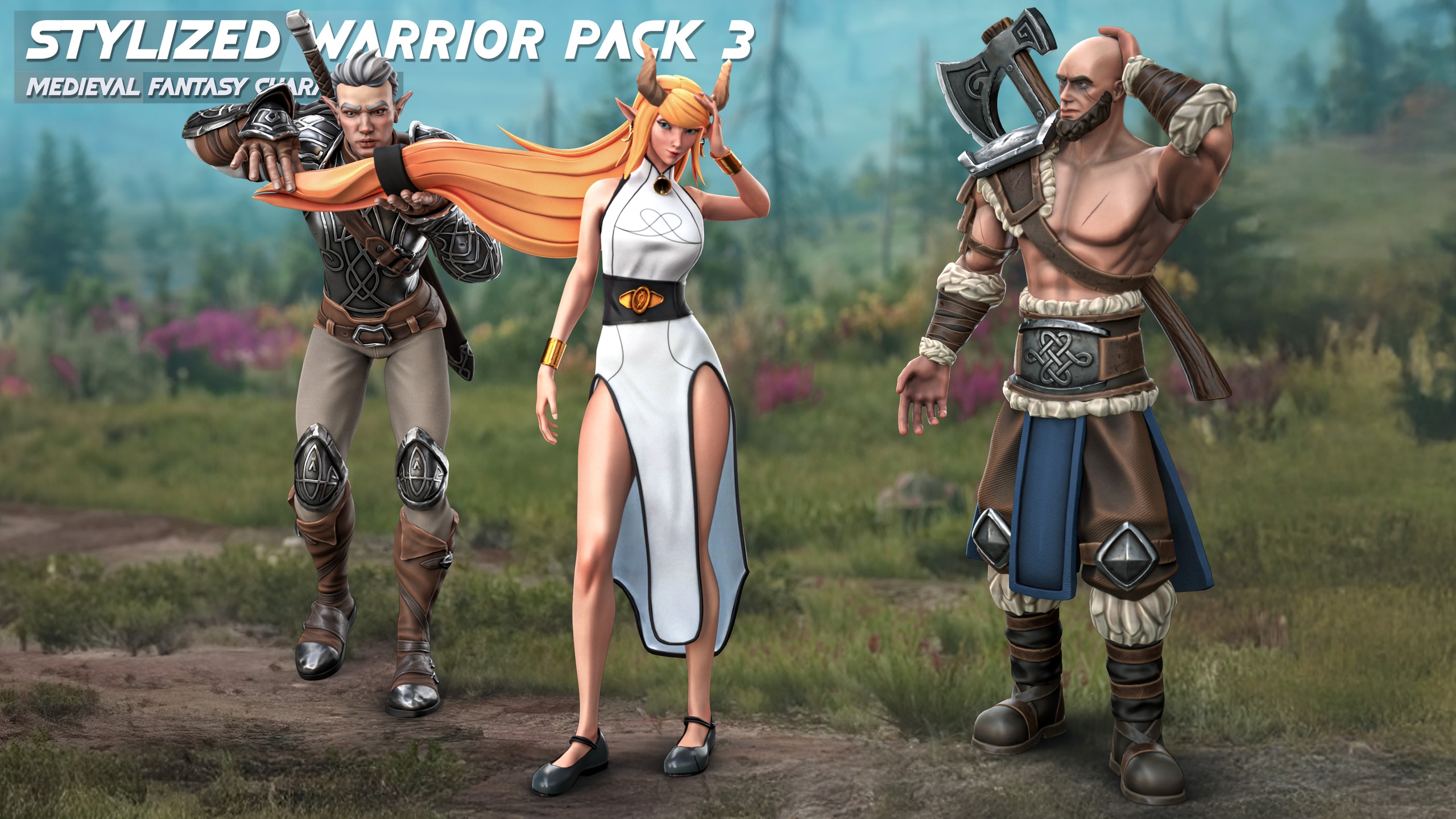 Media 1 for listing Stylized Warrior Pack 3 - Female And Human Elven - Axe Warrior - #59