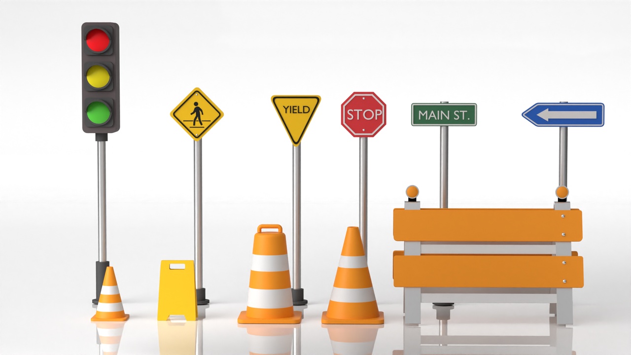 Media 1 for listing Stylized Traffic Props Pack – Road Signs & Safety Equipment 3D Model Collection