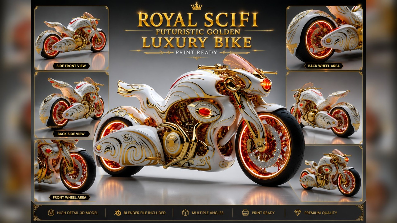 Media 1 for listing Royal SciFi Futuristic Golden Luxury Bike – Premium 3D Blender Style Concept