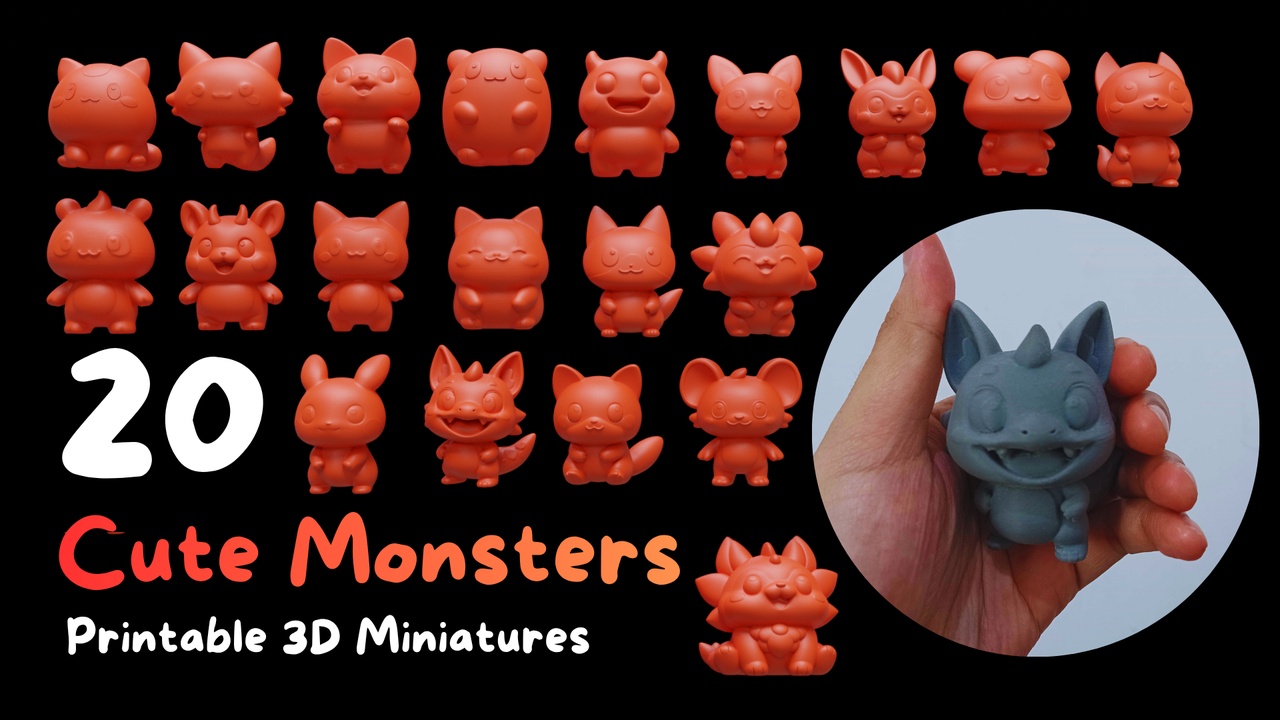 Media 1 for listing 20 Printable 3D Miniatures – Cute Monsters | 3D Print Ready STL Files
