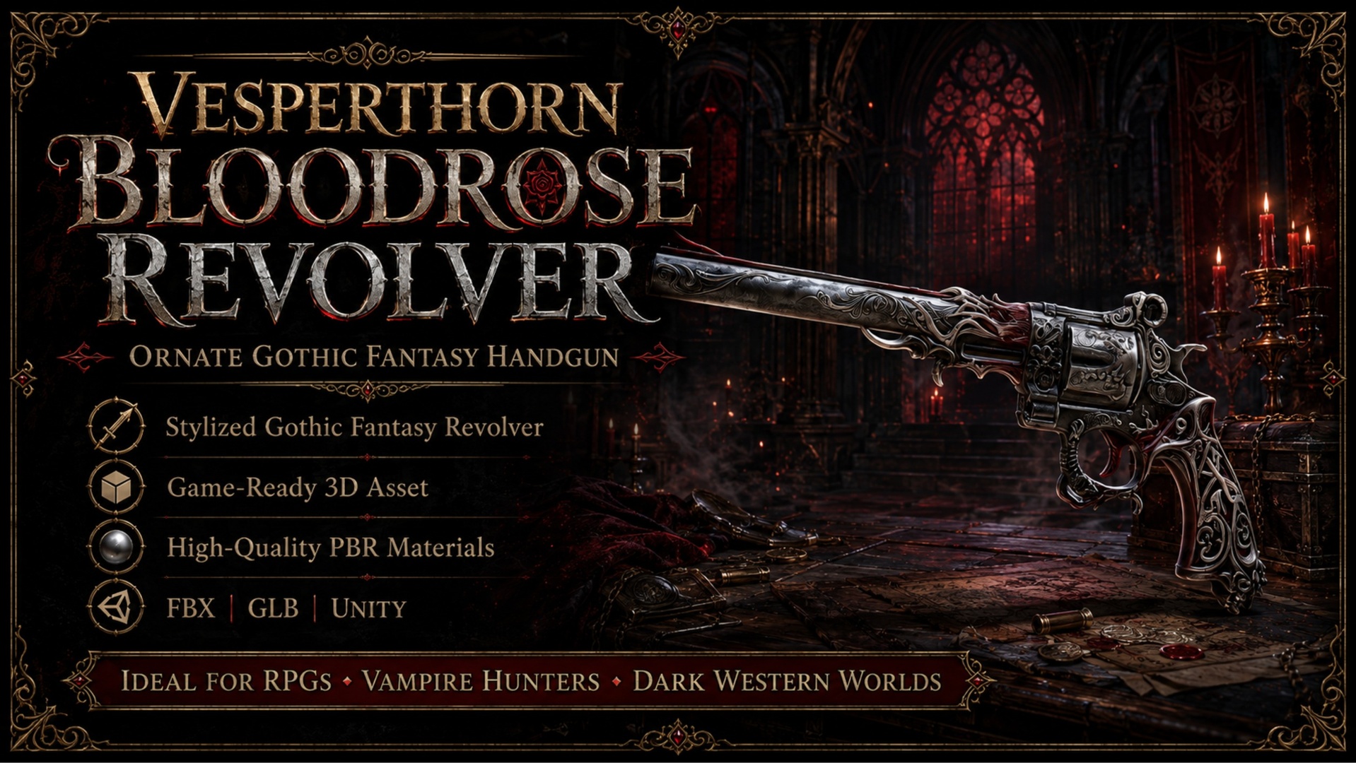Media 1 for listing Vesperthorn Bloodrose Revolver – Ornate Gothic Fantasy Handgun