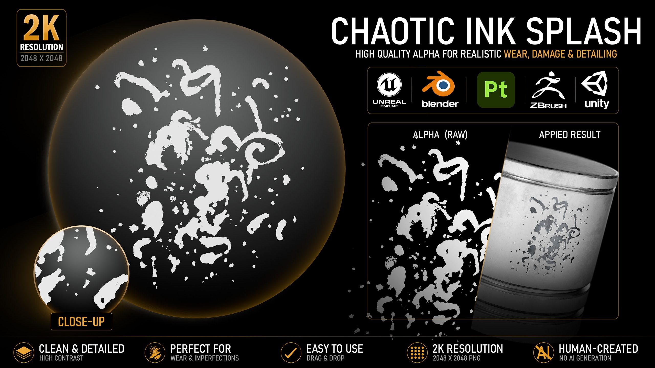 Media 1 for listing Chaotic Ink Splash Alpha | High-Resolution Grunge Texture