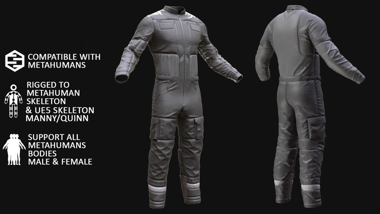 Media 1 for listing Jumpsuit for Metahuman 3D model 48 - MH & UE5 Skeletons - Rigged