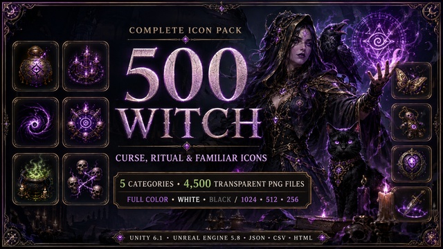 500 Witch & Hexer Curse, Ritual & Familiar Ability Icons — Cobalt Game Assets