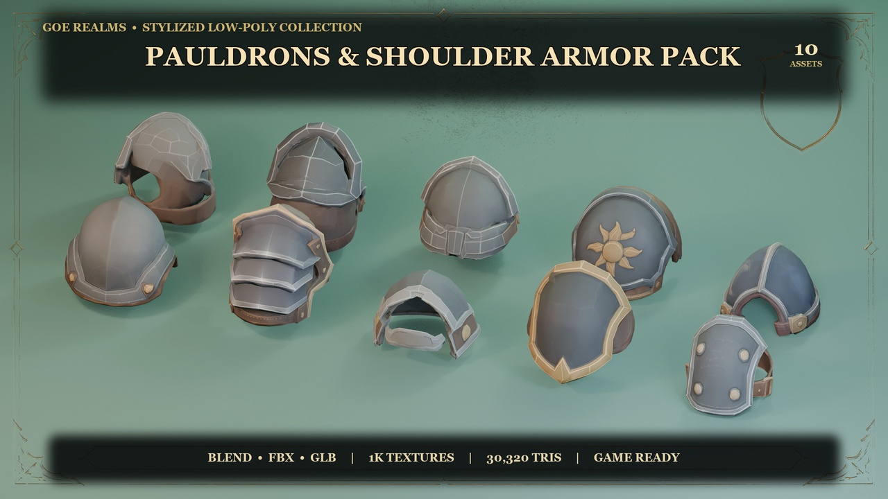 Media 1 for listing Stylized Pauldrons & Shoulder Armor Pack – 10 Hand-Painted Props