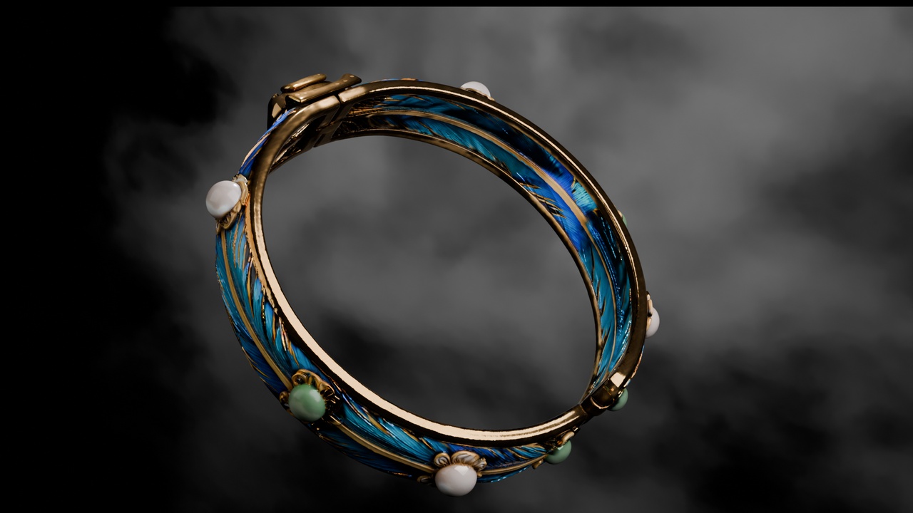 Media 1 for listing Art Nouveau Feather Gem Cuff Bracelet 3D Model