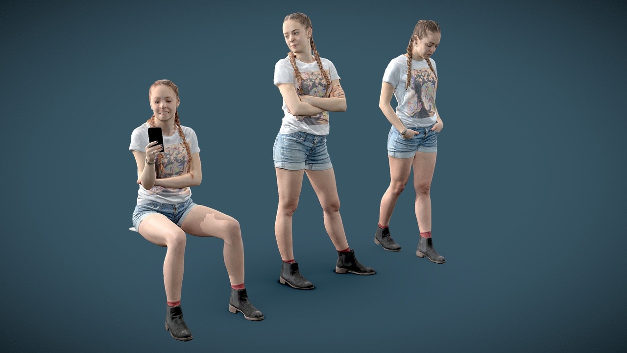 Media 1 for listing Set of casual young woman sit and use cellphone, walk and stand  - posed 3d scan