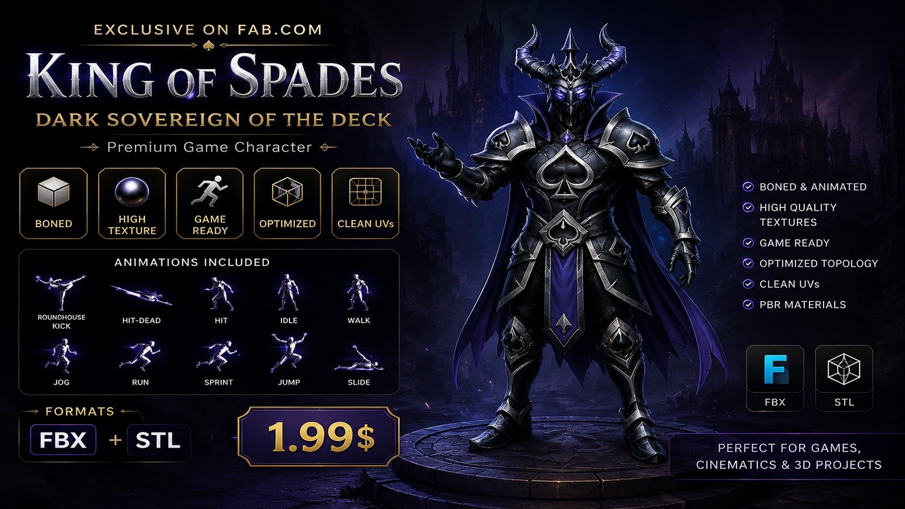 Media 1 for listing King of Spades | Rigged Dark Fantasy Game Character | Animated FBX + STL
