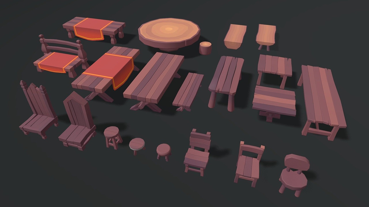Media 1 for listing Stylized Low Poly Wooden Tables and Chairs