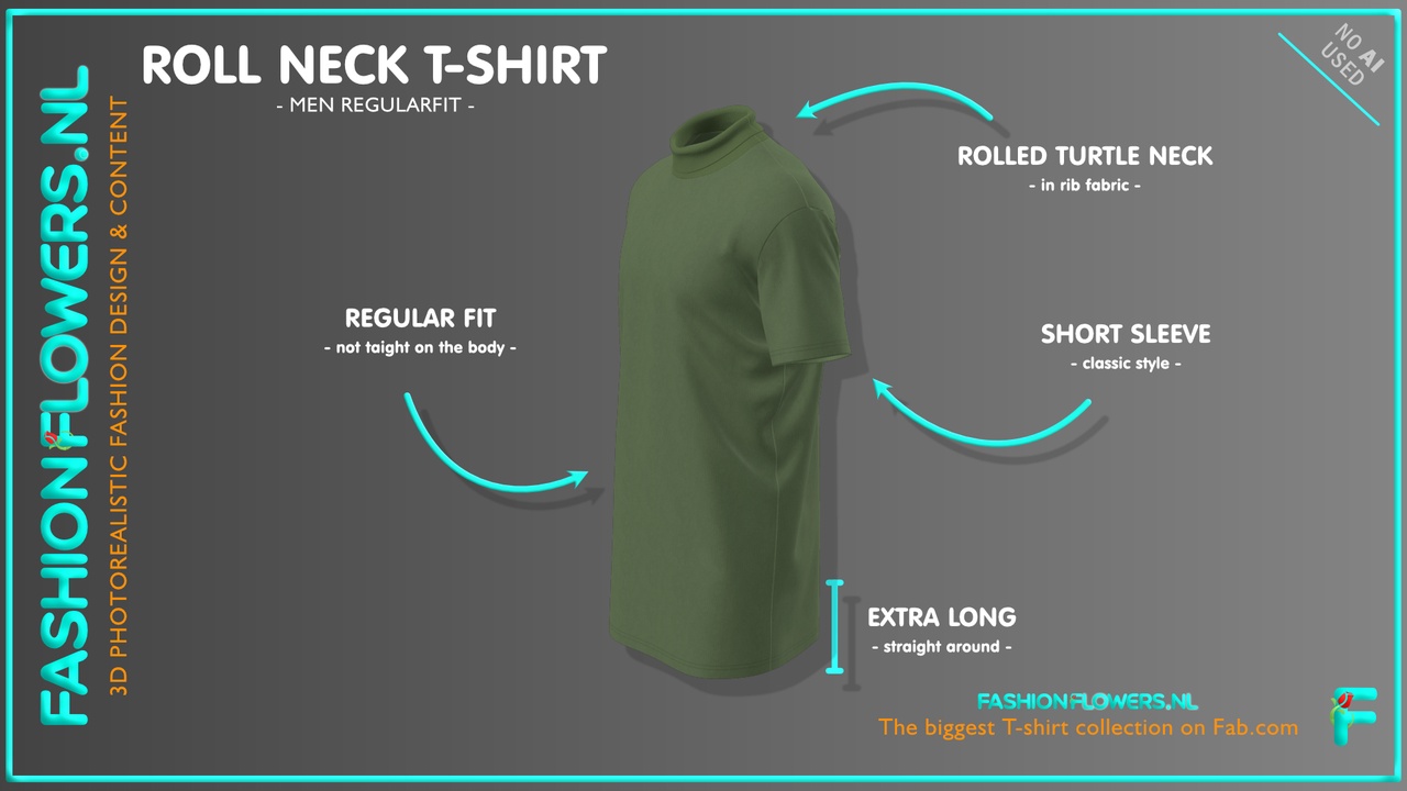 Media 1 for listing Green Colour Extra Long Roll Neck T-shirt | Short Sleeves | Straight Hem Tshirt