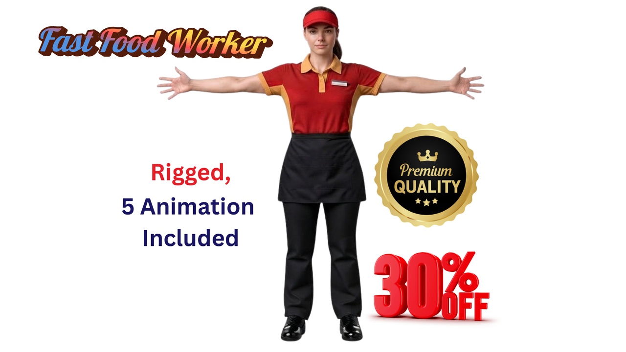 Media 1 for listing Realistic Rigged Female Fast Food Worker Cook Barista - 5 Animations PBR