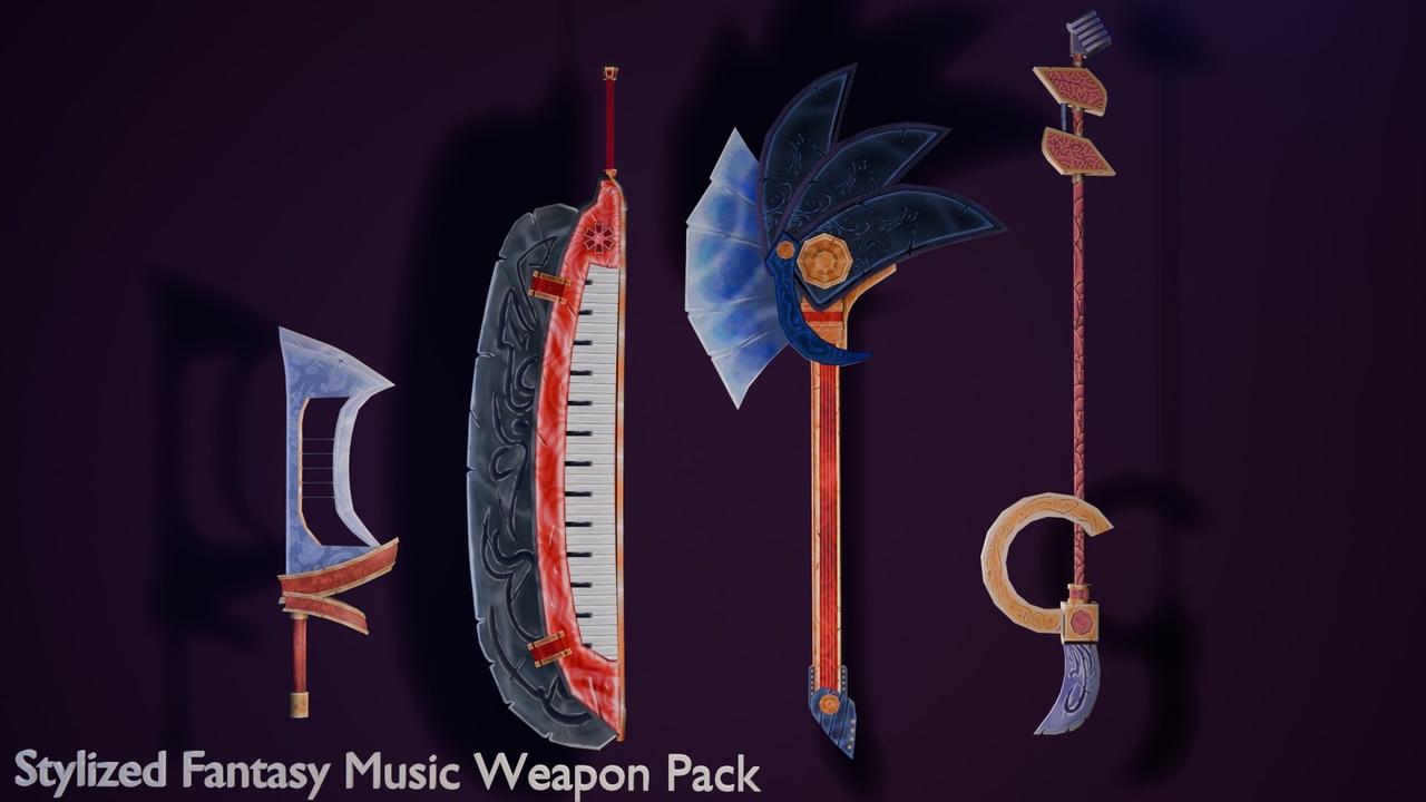 Media 1 for listing [Stylized] Fantasy Music and Rhythm Weapon Pack - 4 Game-Ready RPG Assets