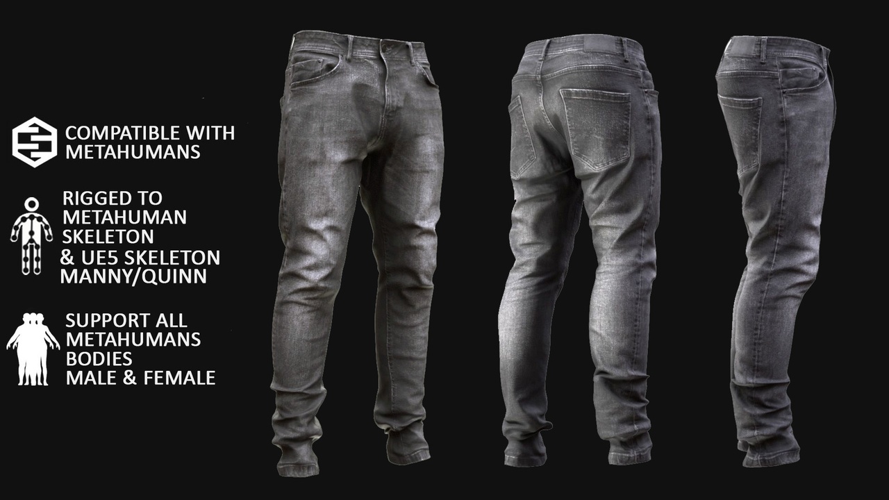 Media 1 for listing Jeans for Metahuman 3D model 56 - MH & UE5 Skeletons - Rigged