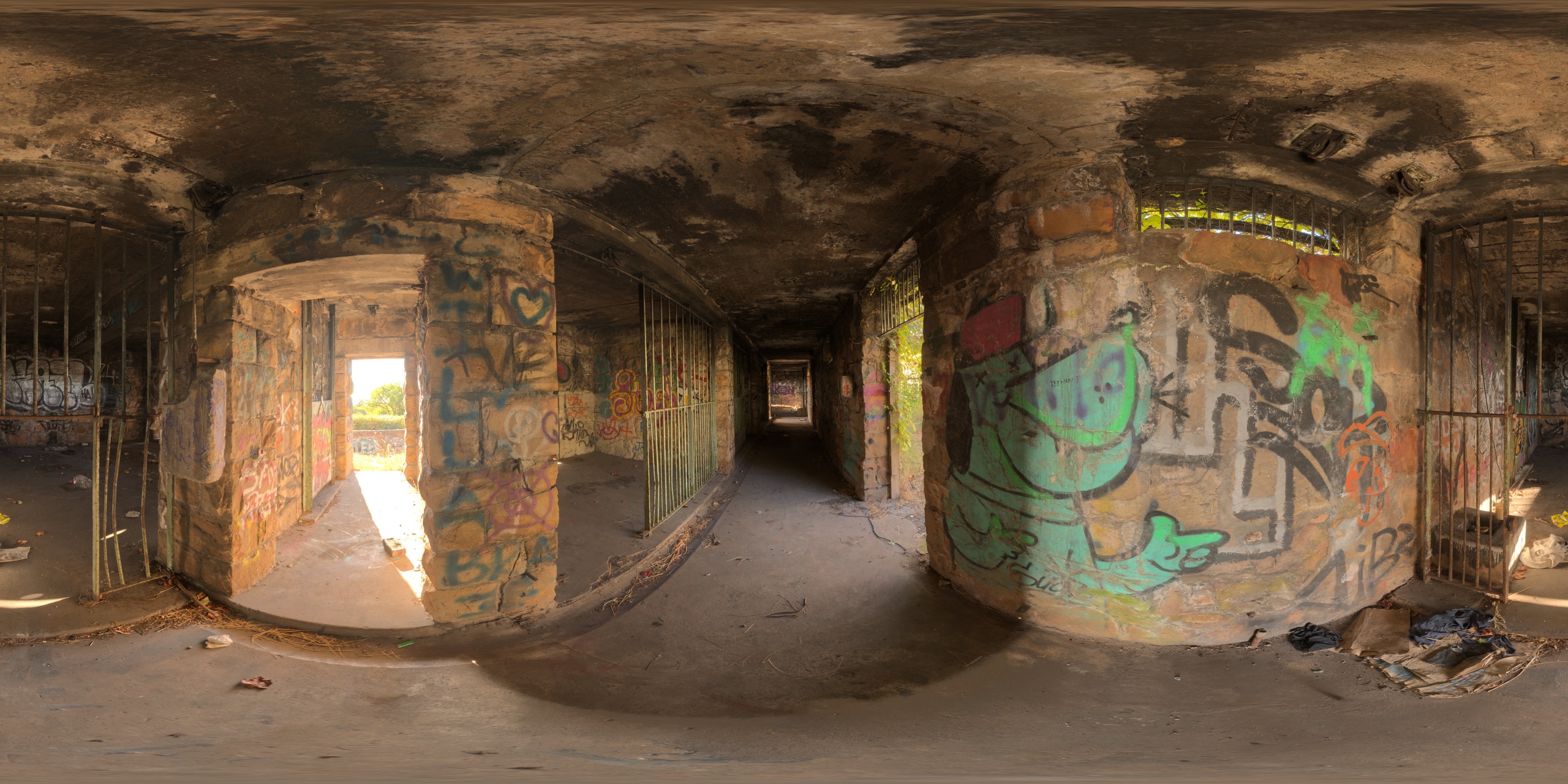 Media 1 for listing 18K HDRI: Abandoned Animal Cage Interior, Graffiti Ruins, Harsh Sunlight