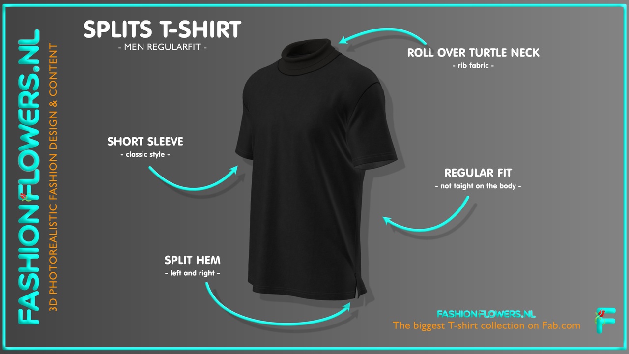 Media 1 for listing Black Colour Roll Neck T-shirt | Short Sleeves | Side Seam Splits | Turtle Neck