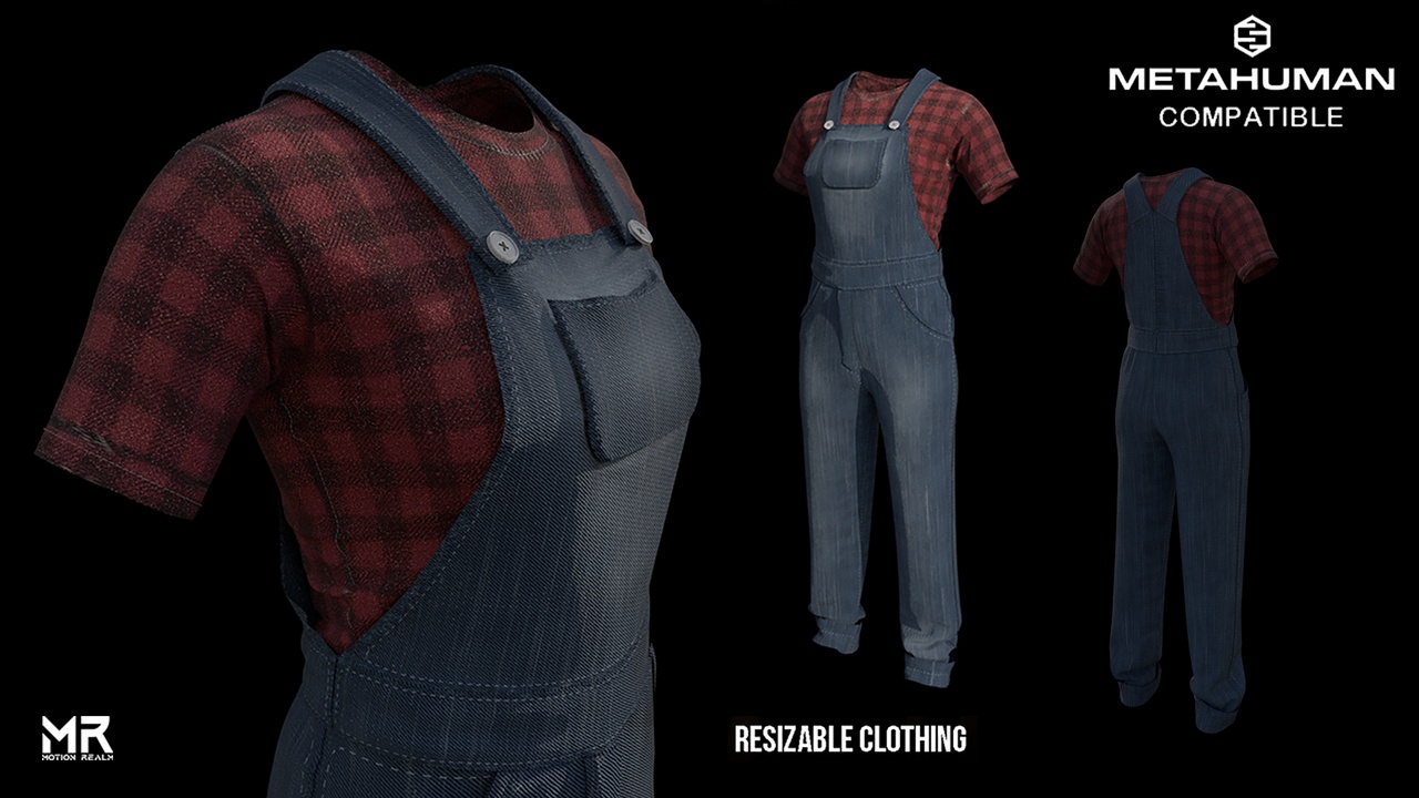 Media 1 for listing MetaHuman Outfit - Overalls and A short-sleeved red plaid Shirt