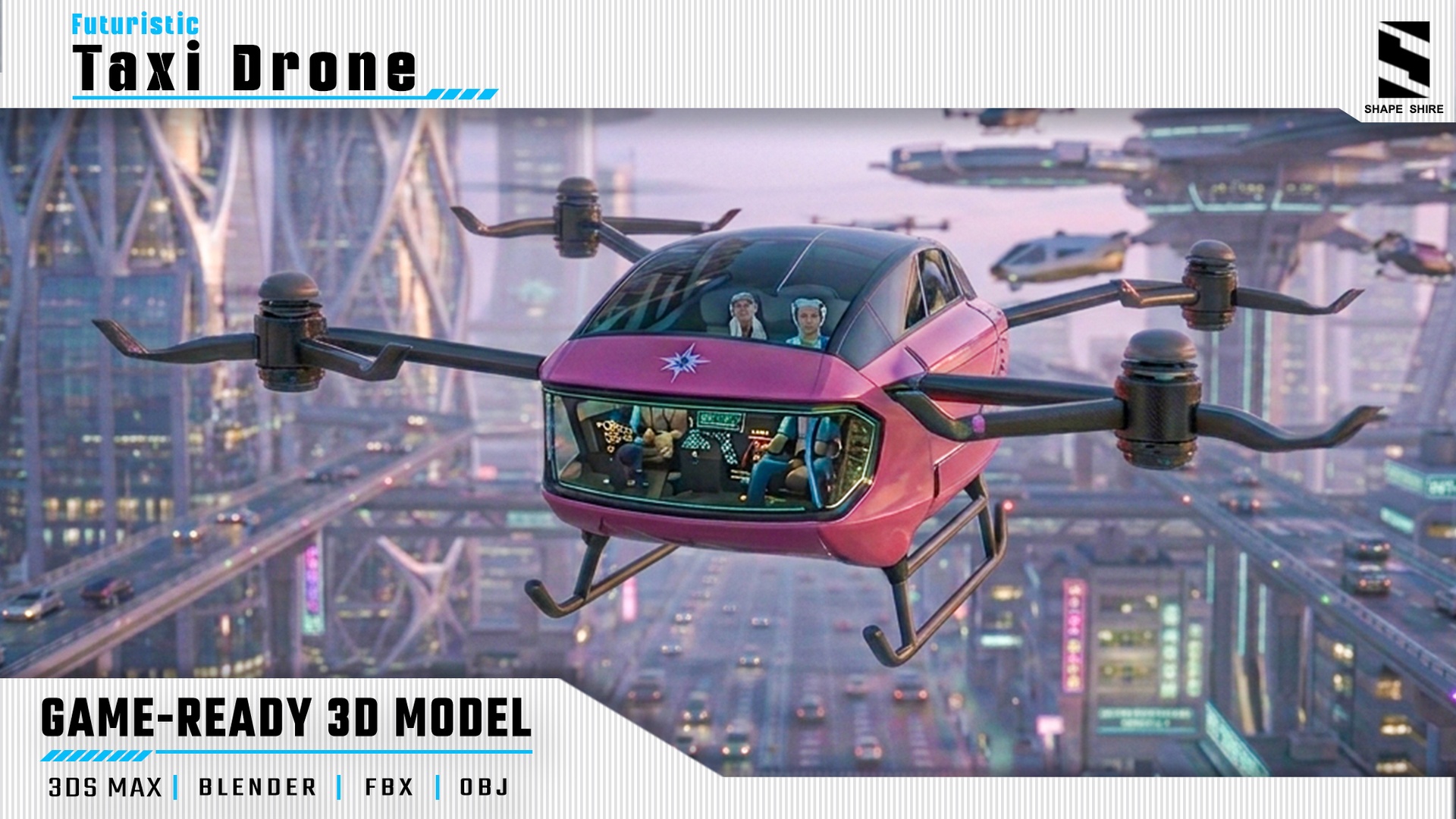 Media 1 for listing Futuristic Taxi Drone 3D Model | PBR Game-Ready Sci-Fi Vehicle
