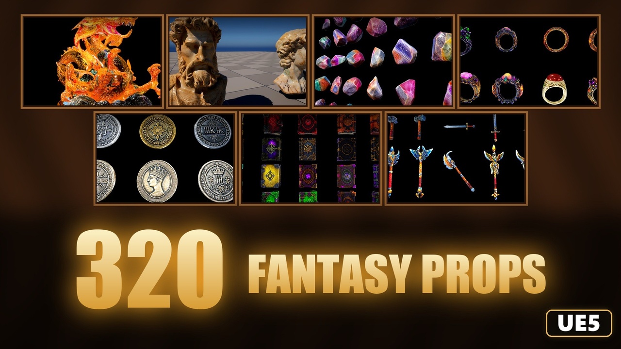 Media 1 for listing Fantasy Treasure Props Bundle - 320 Statues, Gems, Rings, Coins, Books, Weapons