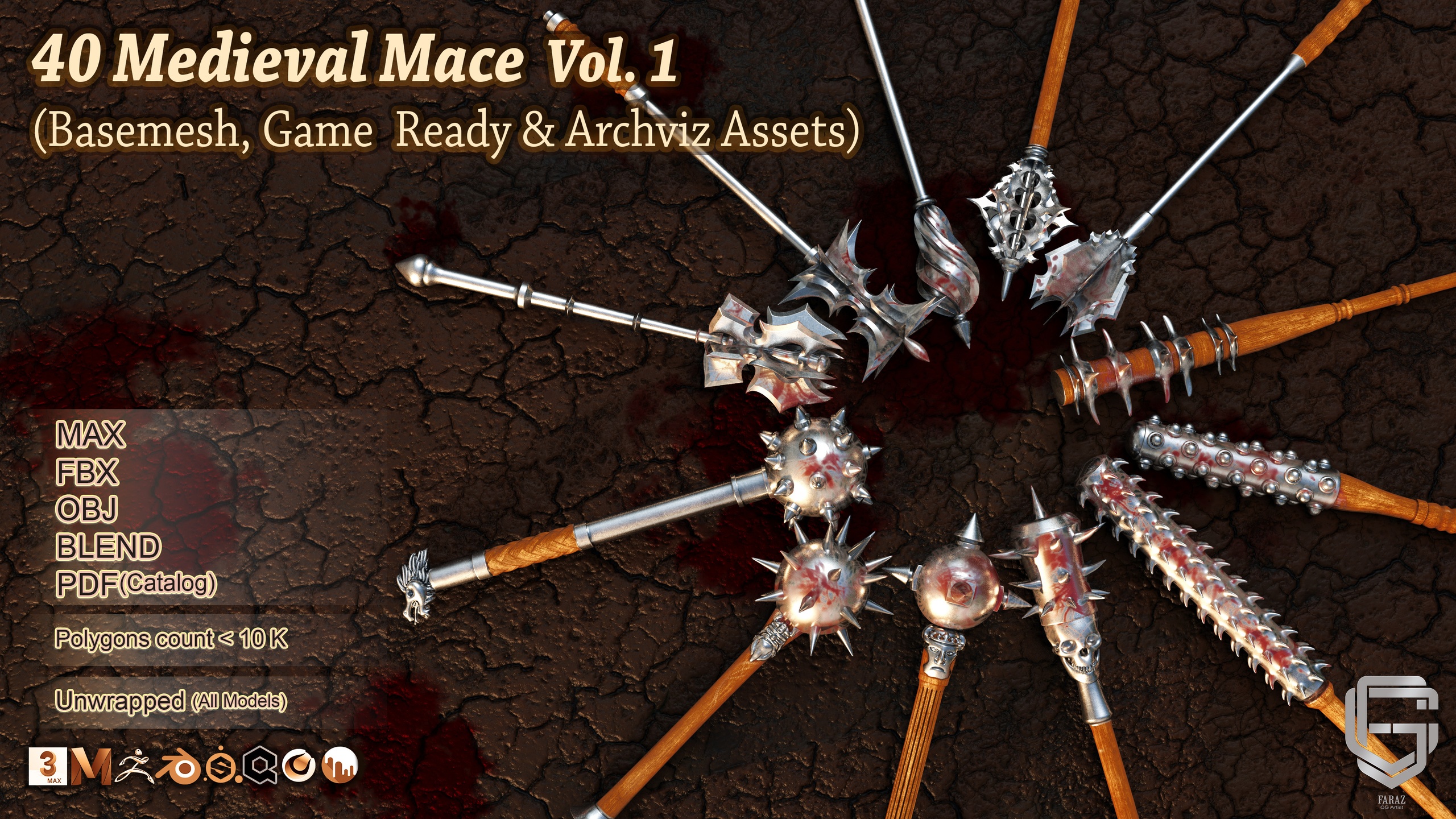 Media 1 for listing 40 Medieval Mace - Vol. 1( Low Poly & Unwrapped )