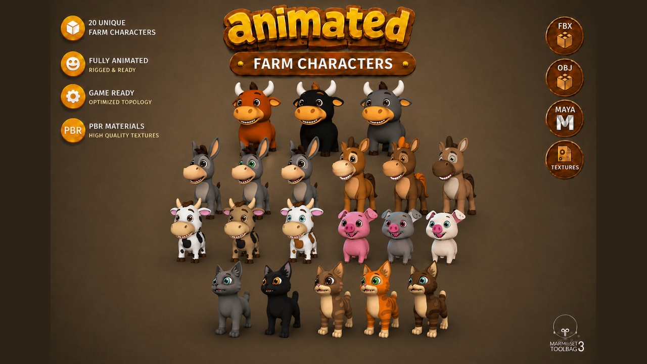 Media 1 for listing Farm Village Animal Pack Animated Stylized Low Poly Animals Low-poly 3D model
