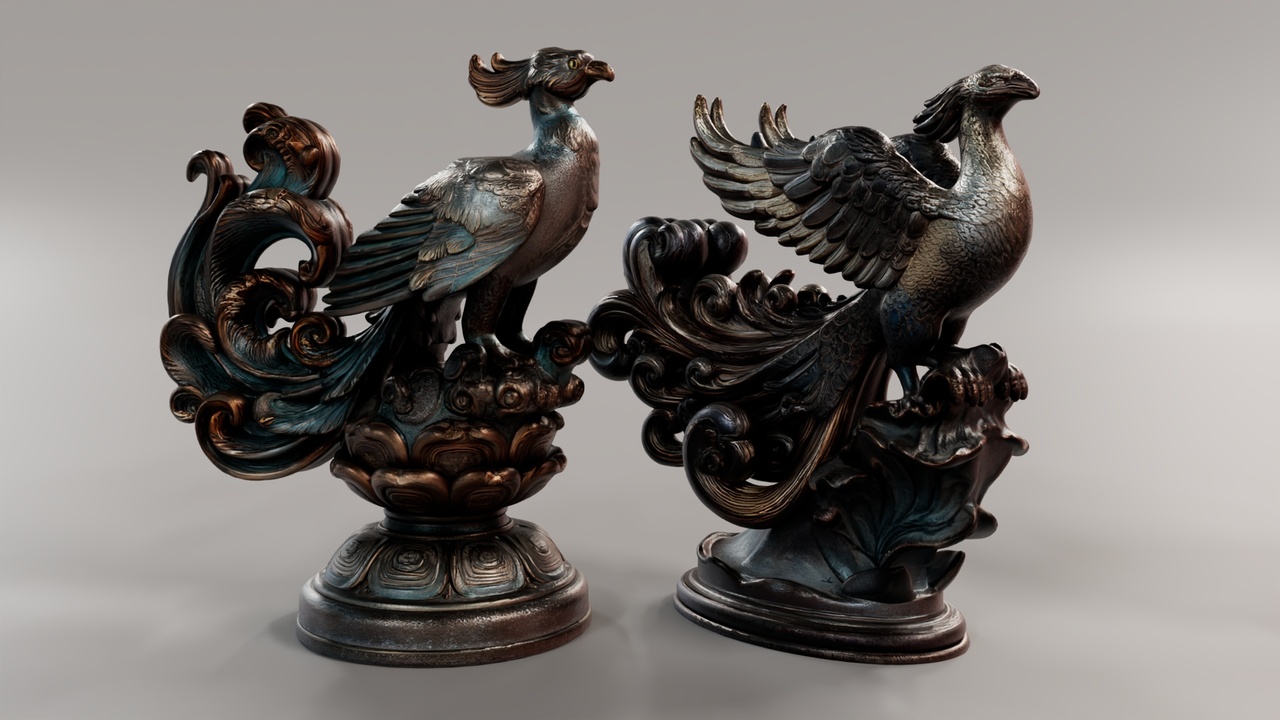Media 1 for listing Asian Phoenix Statues Pack – 12 Ornate Mythical Bird Game-Ready PBR Assets