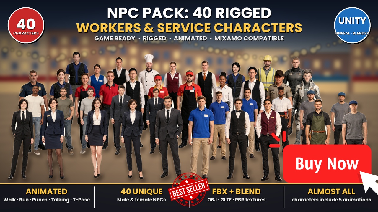 Media 1 for listing NPC Pack 40 Rigged Workers Service Characters Game Ready