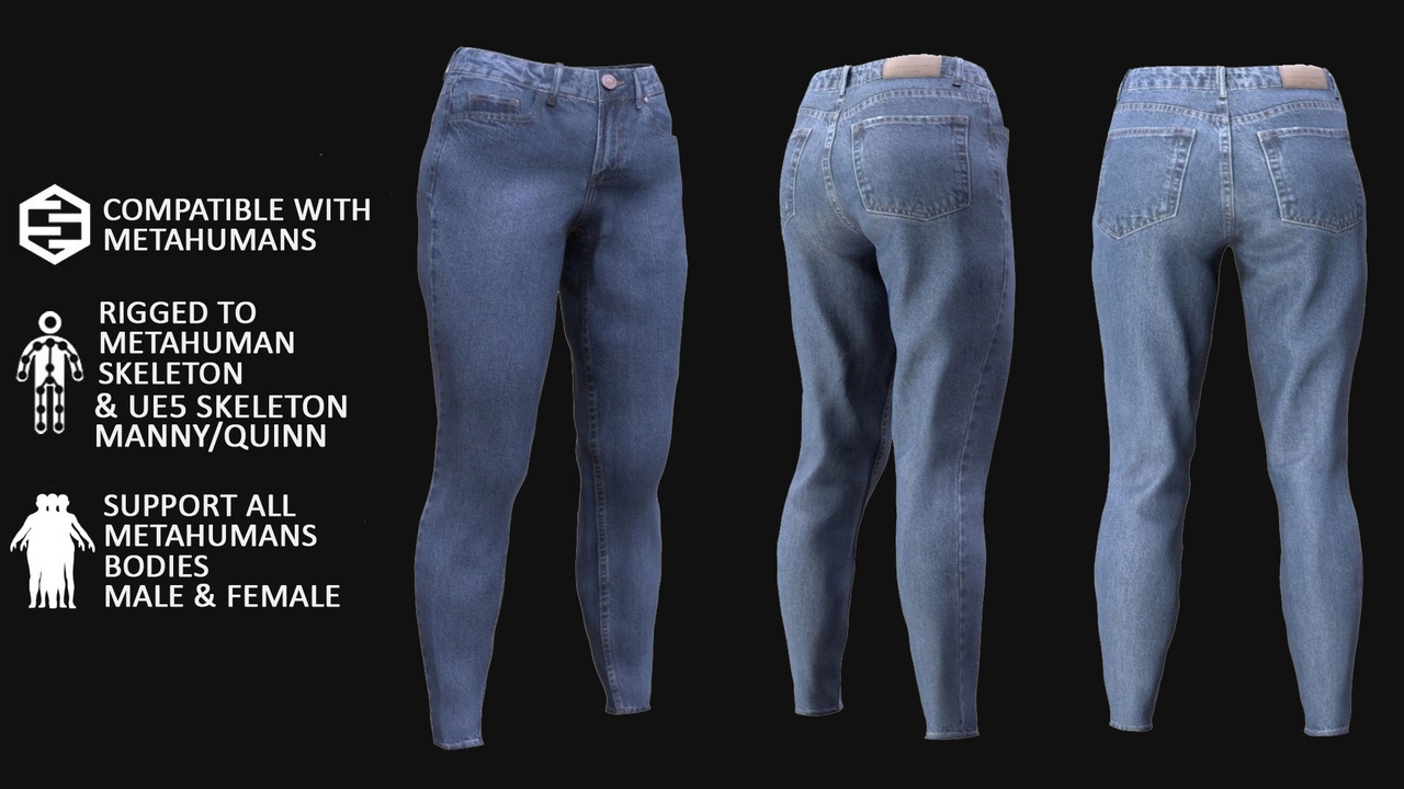 Media 1 for listing Jeans for MetaHuman, Rigged 3D Model 29 — UE5 Manny & Quinn