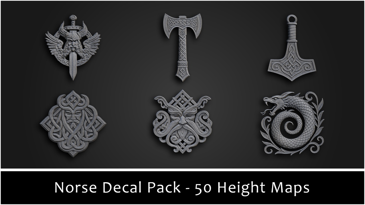 Media 1 for listing 3DT Norse Decal & Stamp Pack — Norse Height Stamps for Blender, Substance Painte