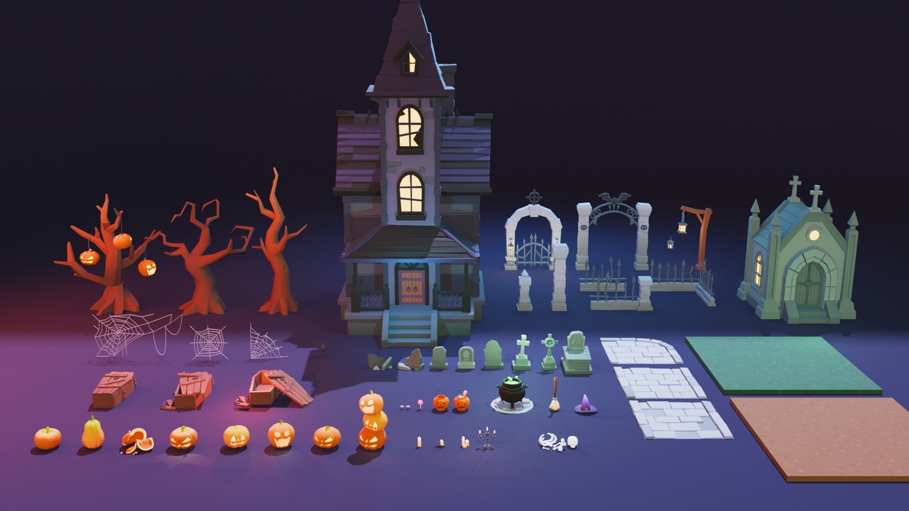 Media 1 for listing Stylized Halloween Pack: Haunted House & Cemetery Kit