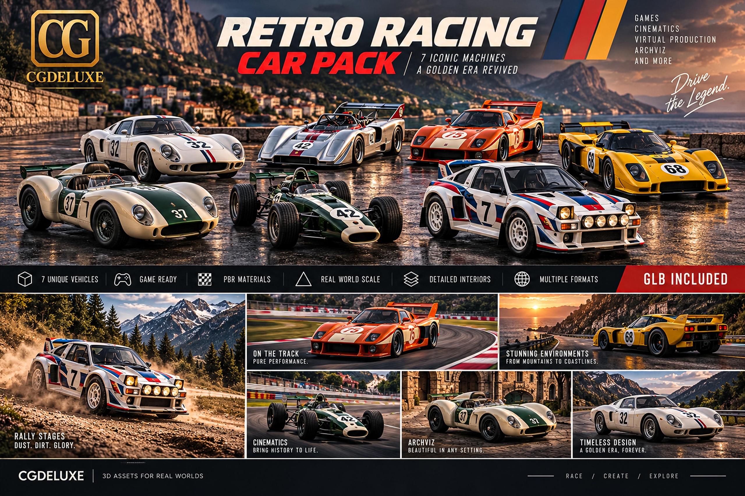 Media 1 for listing Vintage Race Car Collection – 7 Retro Motorsport Vehicles | GLB 3D Pack