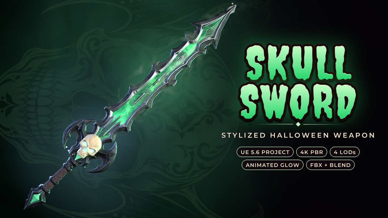 Media 1 for listing Skull Sword - Stylized Halloween Weapon