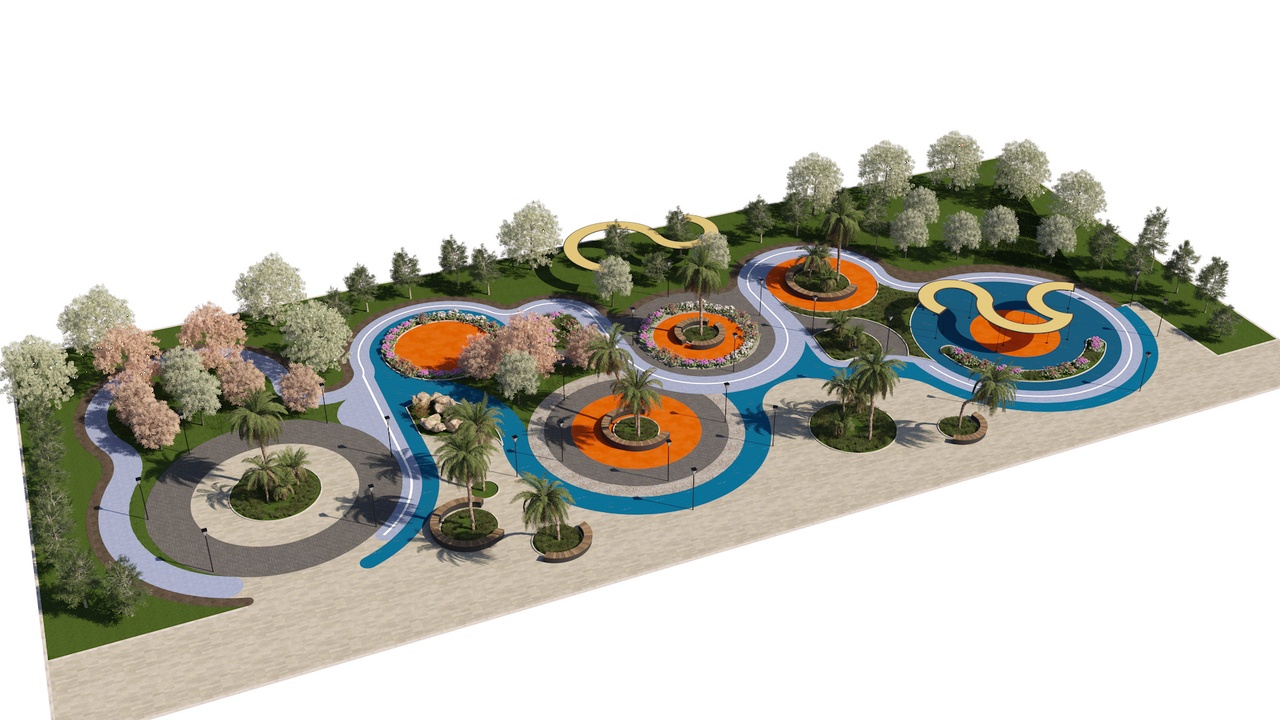 Media 1 for listing Public Park with Curved Canopies and Palm Trees