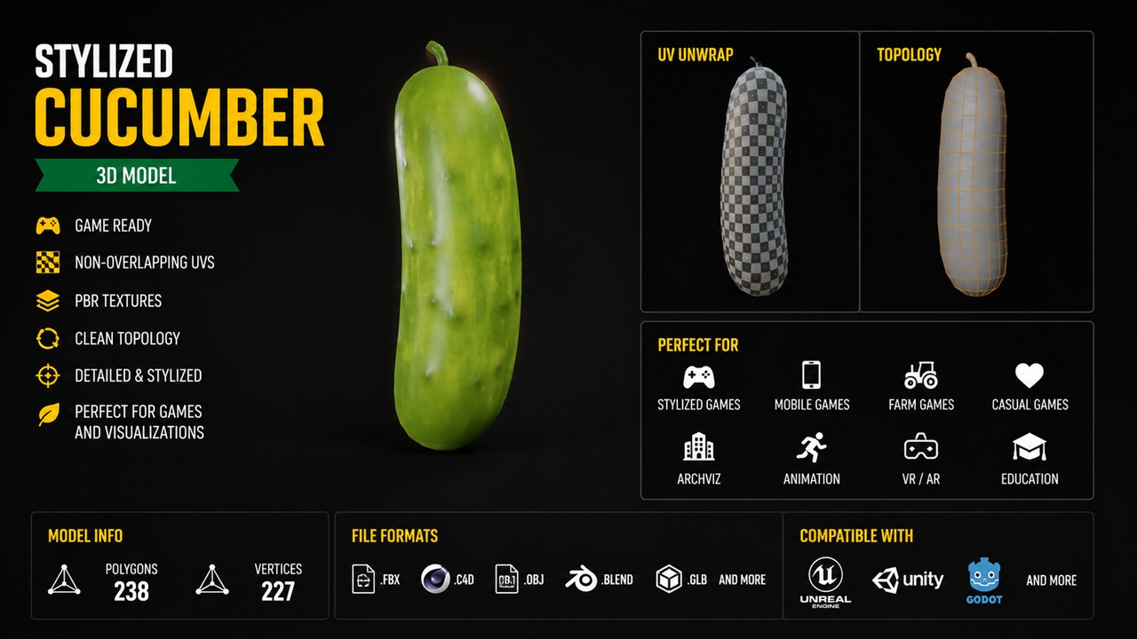 Media 1 for listing Stylized Cucumber - Low Poly Game Ready 3D Model